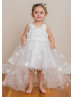 Beaded White Floral Tulle High Low Flower Girl Dress